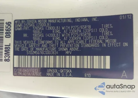 2012 Toyota Sequoia Sr5 4.6L V8 z USA, uszkodzony, nr VIN 5TDZM5G16CS003834